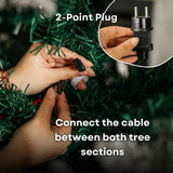 Hands connecting the cable plug between two Christmas tree sections with inset showing the 2-pin plug