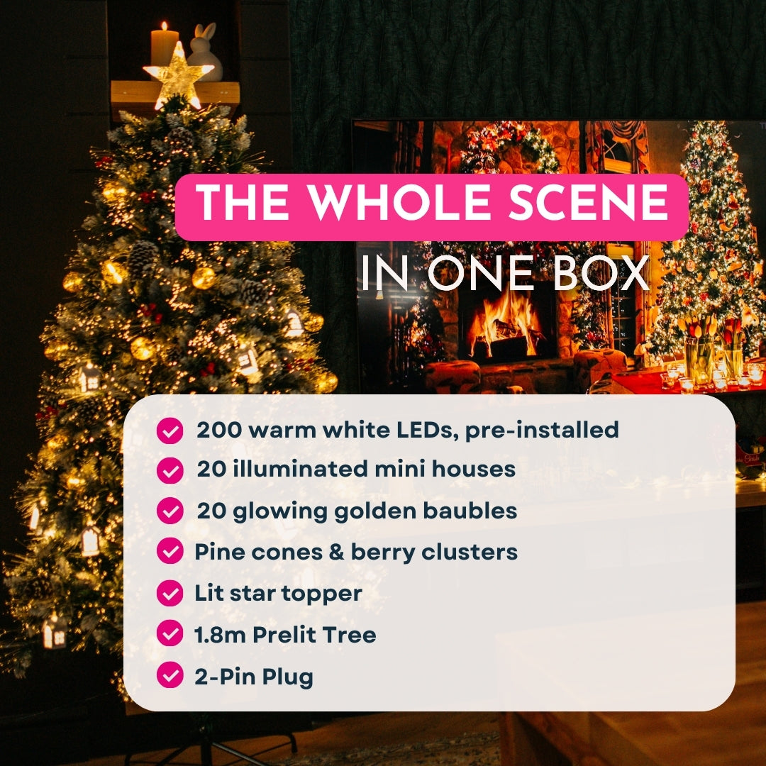 Feature graphic listing Christmas tree contents including 200 warm white LEDs, 20 illuminated mini houses, 20 golden baubles, pine cones, berry clusters, lit star topper, and 2-pin plug