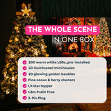 Feature graphic listing Christmas tree contents including 200 warm white LEDs, 20 illuminated mini houses, 20 golden baubles, pine cones, berry clusters, lit star topper, and 2-pin plug