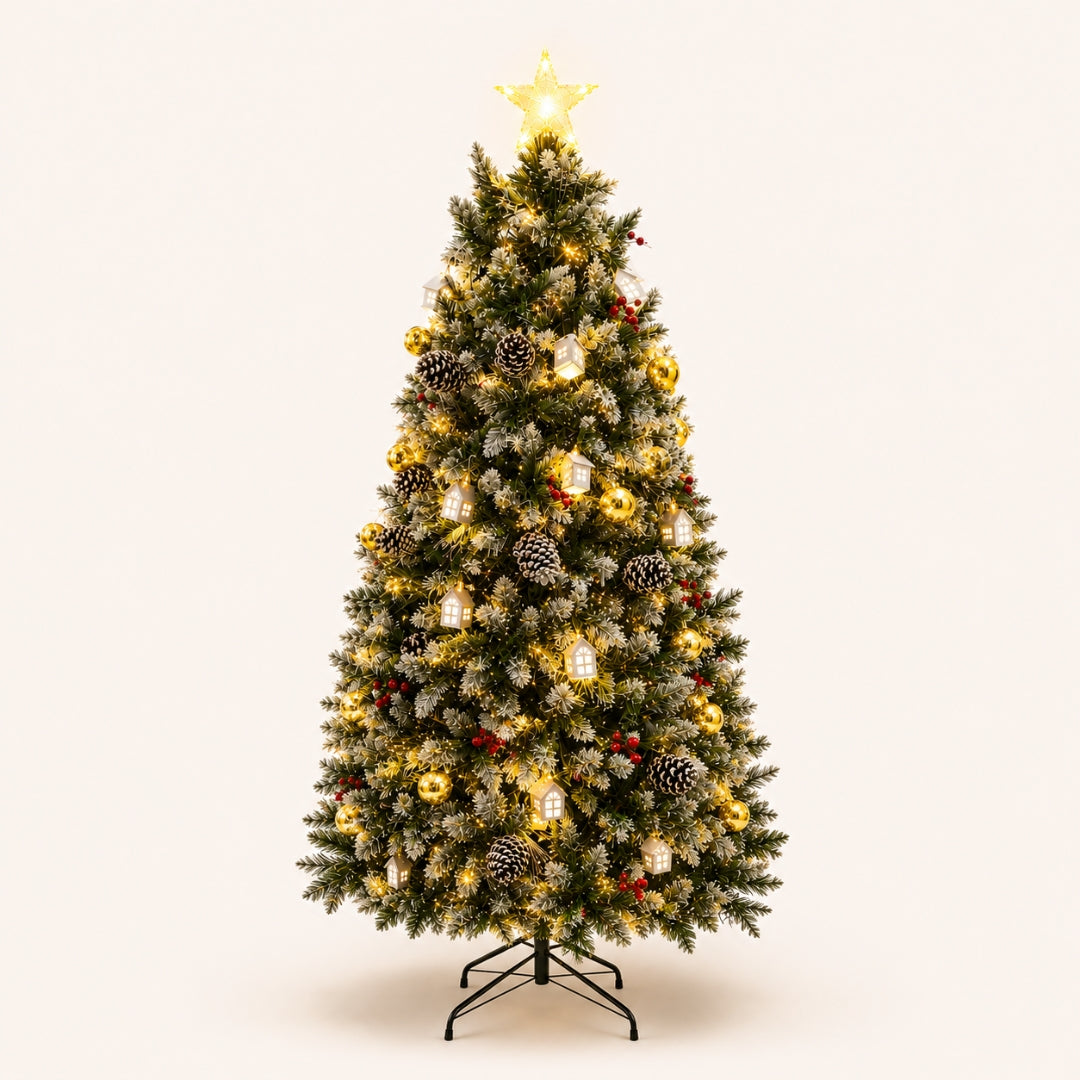 1.8m prelit Christmas tree with warm white LEDs, golden baubles, mini white houses, pine cones, and lit star topper on a white background