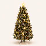 1.8m prelit Christmas tree with warm white LEDs, golden baubles, mini white houses, pine cones, and lit star topper on a white background