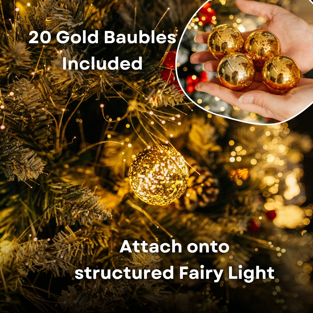 Glowing golden bauble hanging on a Christmas tree branch with inset showing four gold baubles held in hand, 20 included