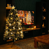 1.8m prelit Christmas tree with warm white LEDs glowing in a dark living room beside a TV displaying a fireplace Christmas scene