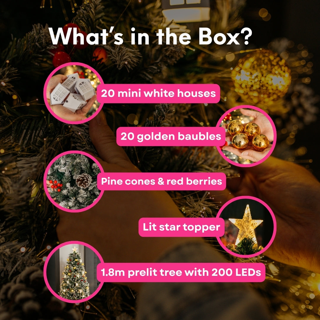 What's in the box graphic for prelit Christmas tree showing 20 mini white houses, 20 golden baubles, pine cones and red berries, lit star topper, and 1.8m tree with 200 LEDs