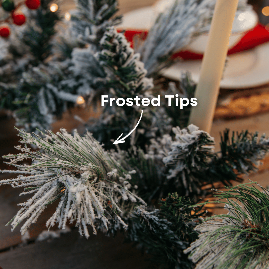Close-up of snow-flocked frosted pine tips on a Christmas garland