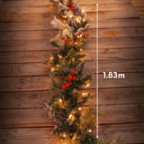Snow-flocked Christmas garland draped on a wooden deck with 1.83m length measurement shown