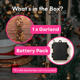 What's in the box for a Christmas garland: garland and battery pack, batteries not included