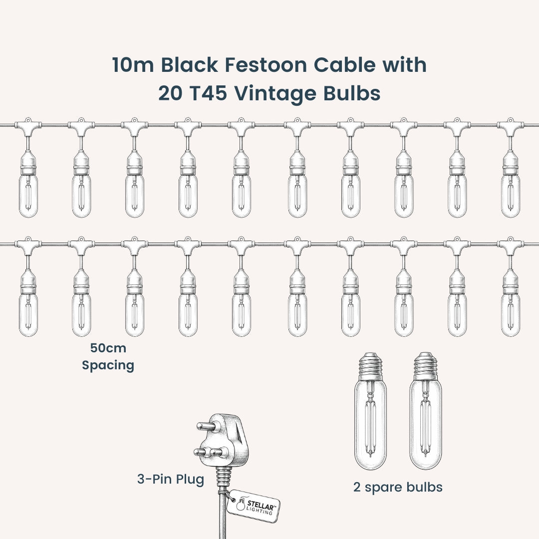 Diagram of 10m Black Festoon Cable with 20 T45 Vintage Bulbs, including a 3-pin plug and spare bulbs.