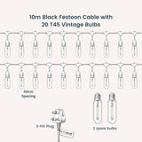 Diagram of 10m Black Festoon Cable with 20 T45 Vintage Bulbs, including a 3-pin plug and spare bulbs.