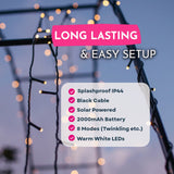 Solar Fairy Lights Specifications, showing that they're splashproof IP44, Black cable, solar powered, 2000mAh battery, 8 modes, and warm white LEDs.