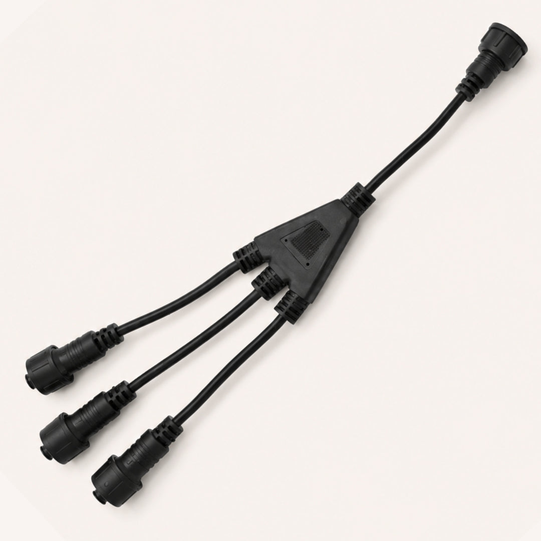 Black 3-way connector for joining multiple outdoor string light strands