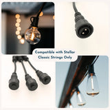 Collage of Stellar Lighting Classic string lights showing compatibility with the Black 3-Way Connector