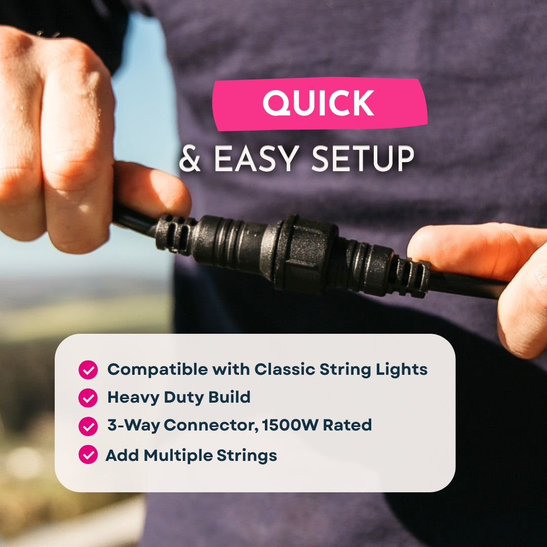 3-Way Connector setup graphic listing compatibility, heavy duty build, 1500W rating, and multi-string connection