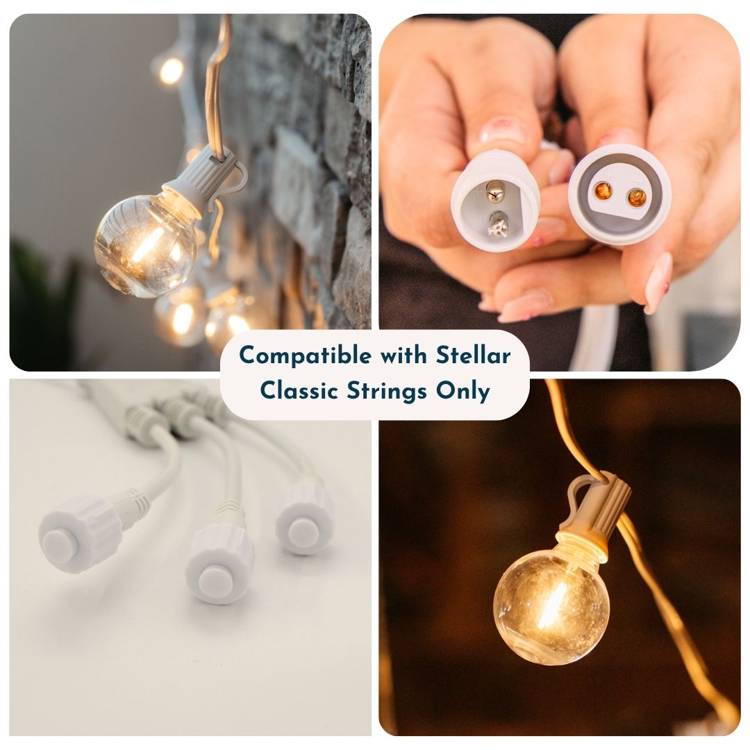 Collage of Stellar Lighting Classic string lights showing compatibility with the White 3-Way Connector