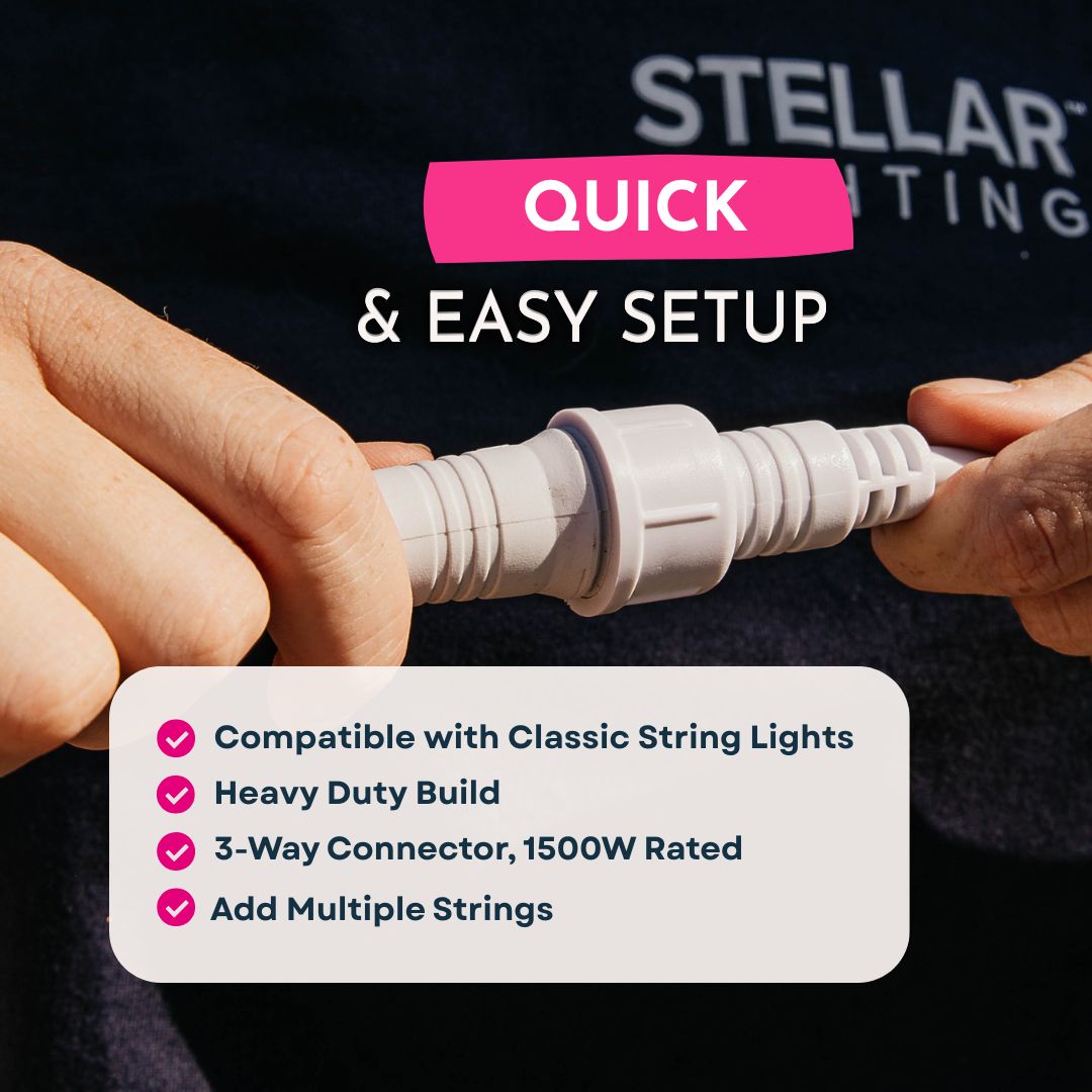 3-Way Connector setup graphic listing compatibility, heavy duty build, 1500W rating, and multi-string connection