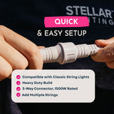 3-Way Connector setup graphic listing compatibility, heavy duty build, 1500W rating, and multi-string connection