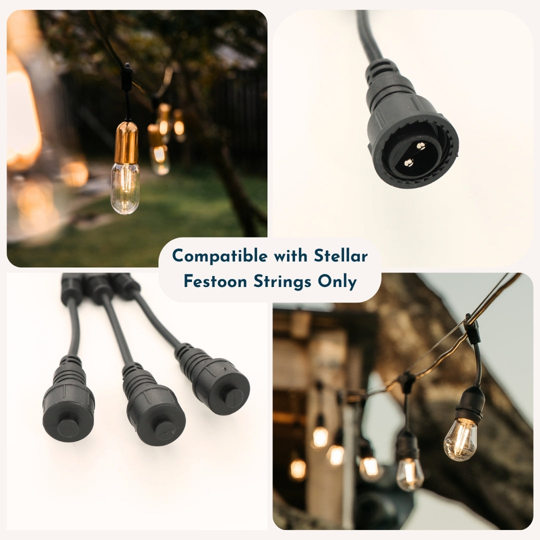 Collage of Stellar Lighting Festoon string lights showing compatibility with the Black 3-Way Connector