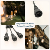 Collage of Stellar Lighting Festoon string lights showing compatibility with the Black 3-Way Connector