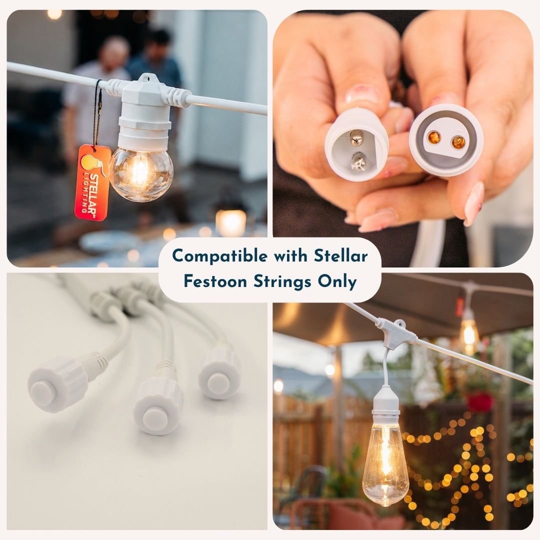 Collage of Stellar Lighting Festoon string lights showing compatibility with the White 3-Way Connector