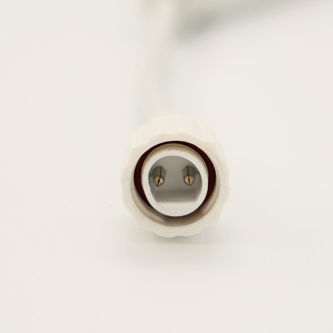 Close-up of the 2-pin socket connection on the White 3-Way Connector for Festoon String Lights