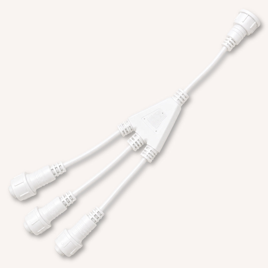 White 3-Way Connector for Festoon String Lights showing the splitter body and three connector ends