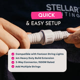 3-Way Connector setup graphic listing compatibility, heavy duty build, 1500W rating, and multi-string connection