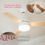 Person installing 42 inch reversible wood and white blade ceiling fan with hardware included callout and inset showing screws and mounting hardware included in the box