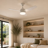 42 inch reversible wood and white blade ceiling fan installed in a modern South African lounge with warm white light glowing and three reversible blades