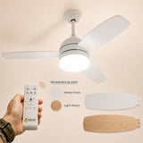 42 inch ceiling fan with three reversible MDF blades showing wood look and matte white finish options, integrated tri-colour LED light kit, and motor body on a light background