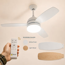 42 inch ceiling fan with three reversible MDF blades showing wood look and matte white finish options, integrated tri-colour LED light kit, and motor body on a light background