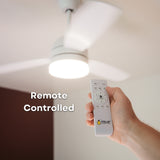 42 inch reversible wood and white blade ceiling fan shown with included RF remote control for adjusting fan speed, light colour, brightness, and timer