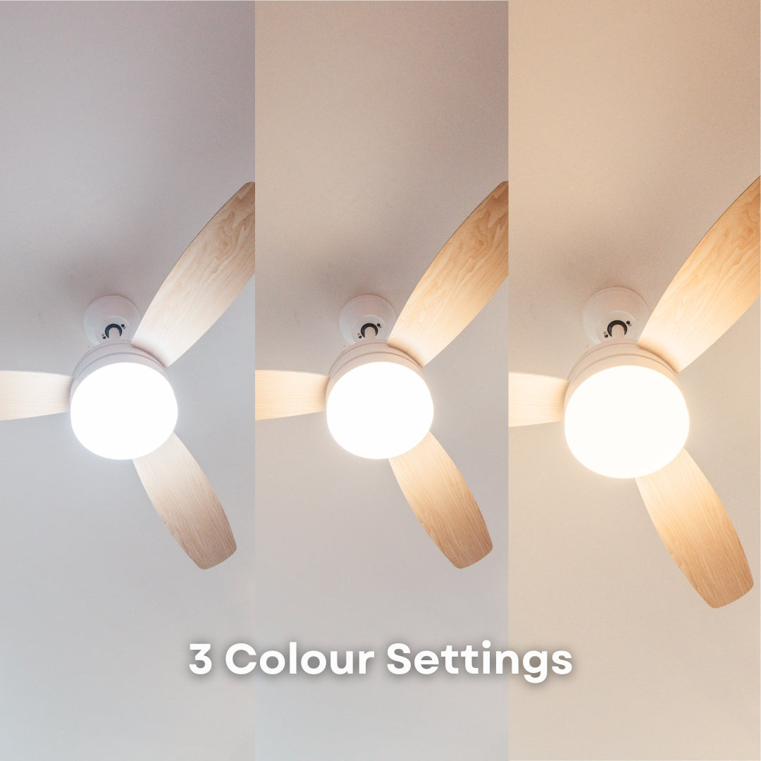 42 inch reversible wood and white blade ceiling fan showing three switchable colour temperature settings including 3000K warm white, 4000K neutral white, and 6000K cool white