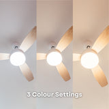 42 inch reversible wood and white blade ceiling fan showing three switchable colour temperature settings including 3000K warm white, 4000K neutral white, and 6000K cool white