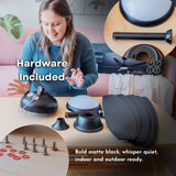 Person installing 52 inch matte black ceiling fan with hardware included callout and inset showing screws and mounting hardware included in the box