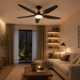 52 inch matte black ceiling fan installed in a modern South African lounge with warm white light glowing and five matte black blades