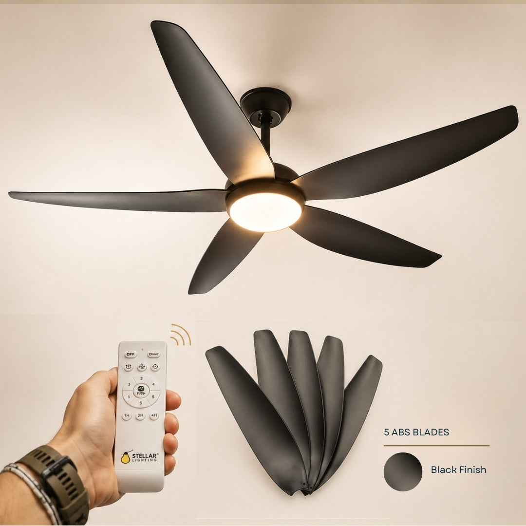 52 inch matte black ceiling fan with five streamlined ABS blades, integrated tri-colour LED light kit, and matte black motor body on a light background
