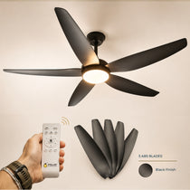 52 inch matte black ceiling fan with five streamlined ABS blades, integrated tri-colour LED light kit, and matte black motor body on a light background