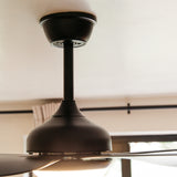 Close-up of 52 inch matte black ceiling fan motor body and integrated tri-colour LED light kit detail from below