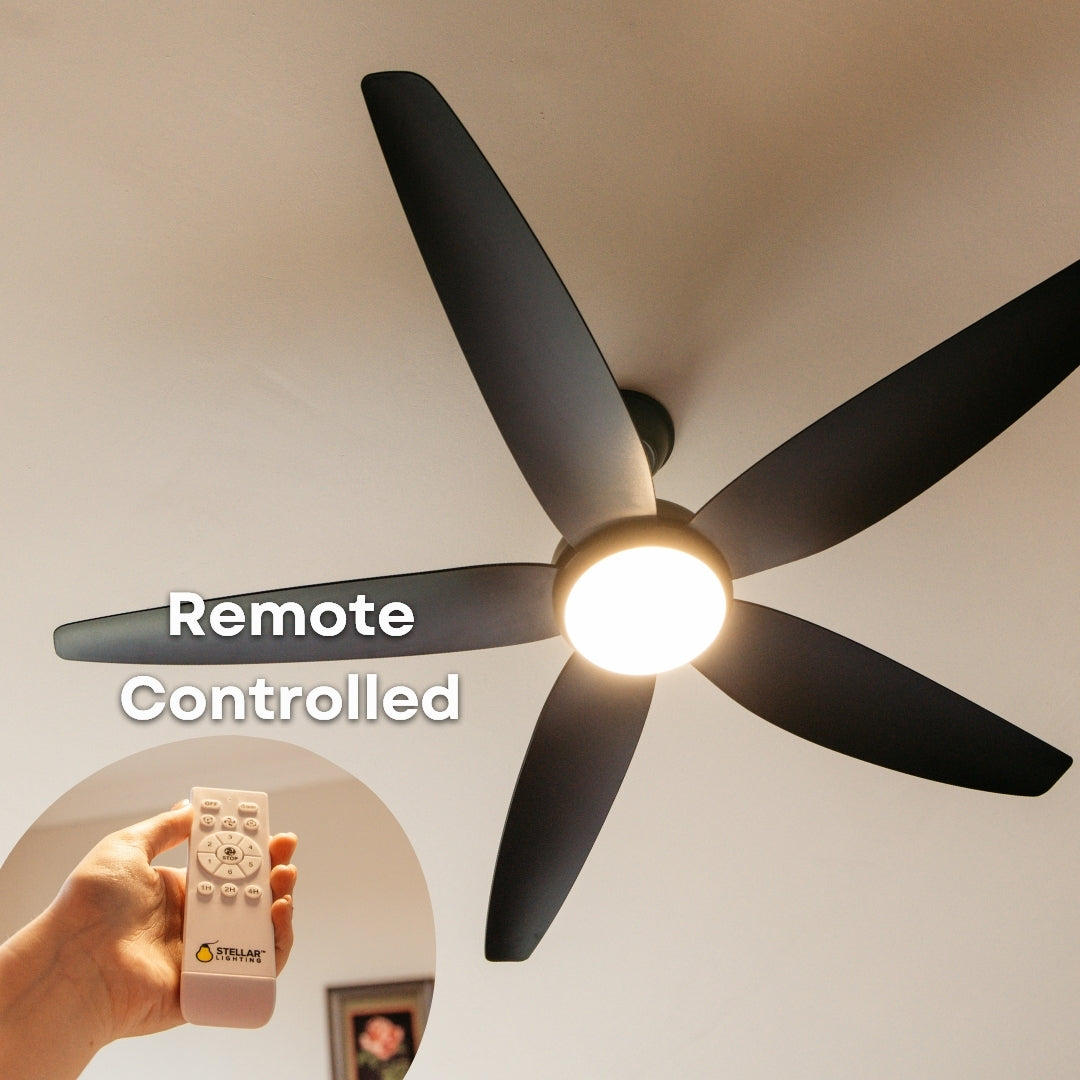 52 inch matte black ceiling fan shown with included RF remote control for adjusting fan speed, light colour, brightness, and timer