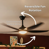 52 inch matte black ceiling fan showing reversible motor rotation callout for cooling in summer and warm air circulation in winter