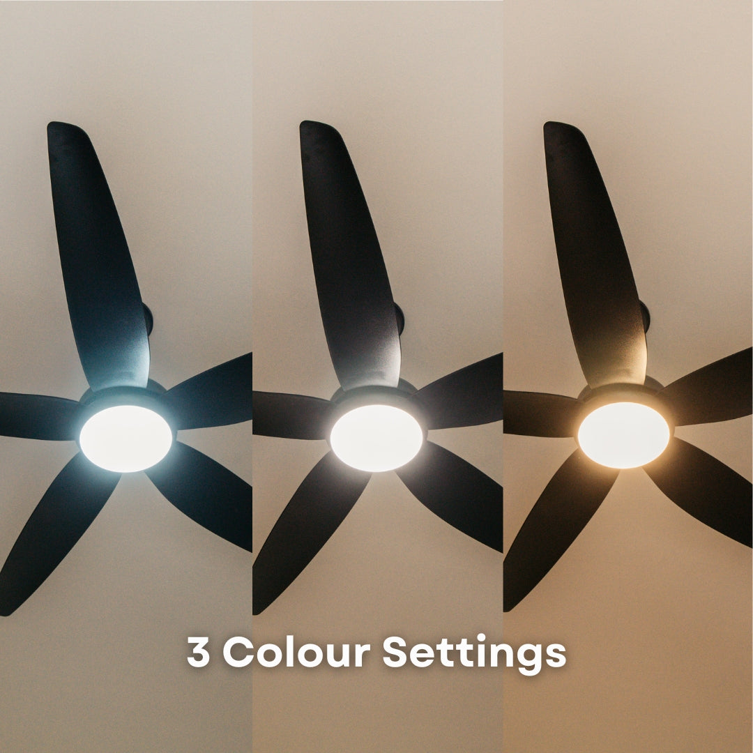 52 inch matte black ceiling fan showing three switchable colour temperature settings including 3000K warm white, 4000K neutral white, and 6000K cool white