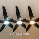 52 inch matte black ceiling fan showing three switchable colour temperature settings including 3000K warm white, 4000K neutral white, and 6000K cool white