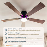 Feature graphic for 52 inch black wood smart LED ceiling fan listing DC motor whisper quiet, tri-colour and RGB light, app control and remote with timer, and year-round reversible rotation with fan installed showing purple RGB ambient ring