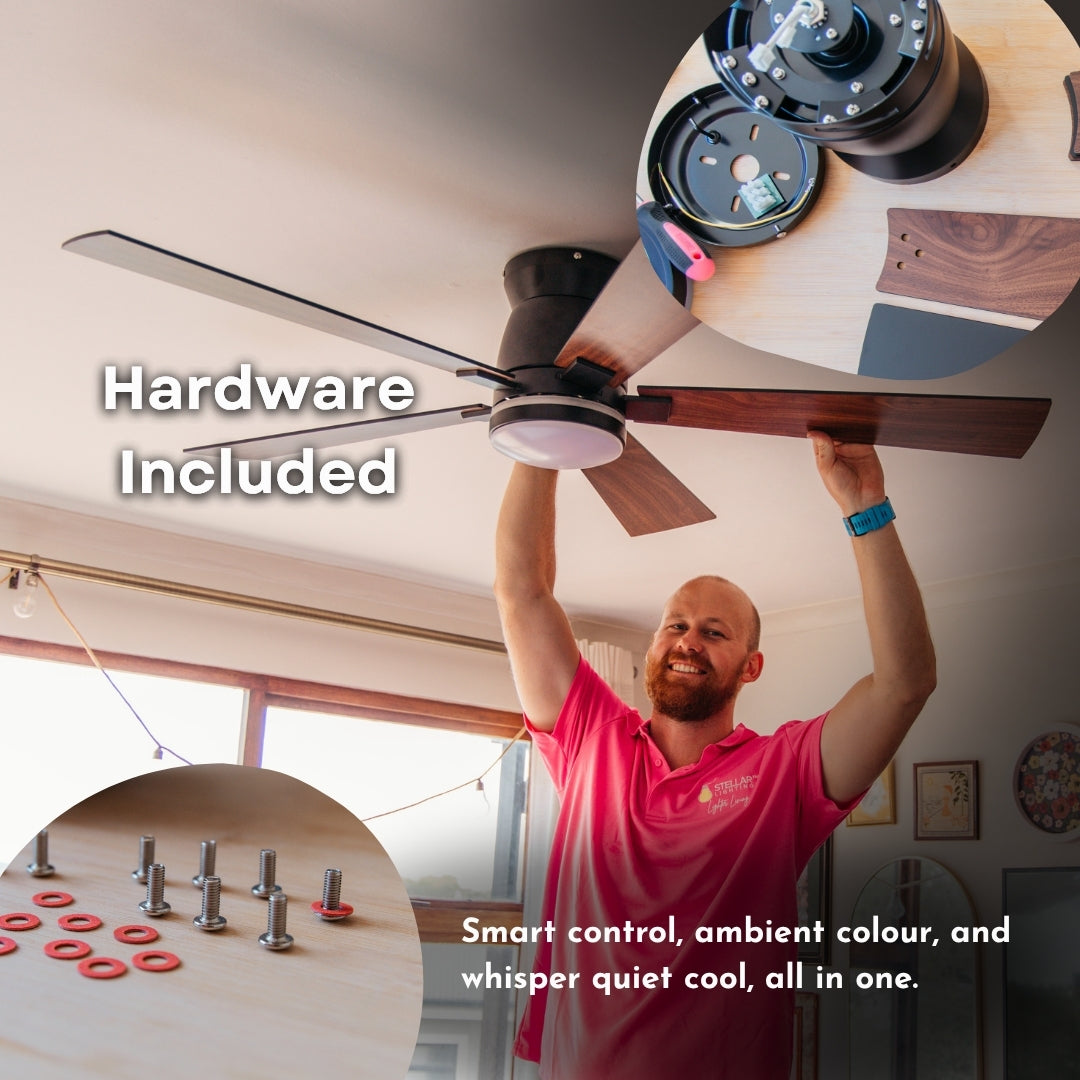 Man in Stellar Lighting shirt installing 52 inch black wood smart LED ceiling fan with hardware included callout and inset showing screws and mounting hardware included in the box