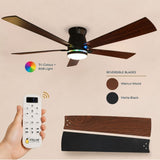 52 inch black wood smart LED ceiling fan with five reversible walnut wood and matte black blades, integrated tri-colour and RGB LED light kit, and matte black motor body on a light background