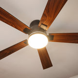 Close-up of 52 inch black wood smart LED ceiling fan matte black motor body and integrated LED light kit with RGB ambient ring detail