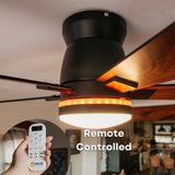 52 inch black wood smart LED ceiling fan shown with included 6-speed RF remote control for adjusting fan speed, light colour, brightness, and timer