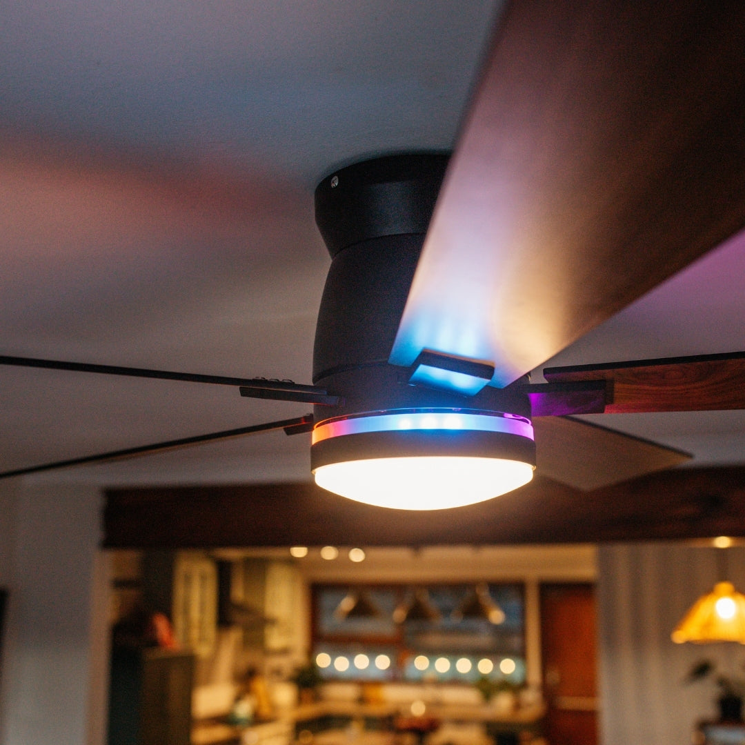 Close-up of 52 inch smart LED ceiling fan showing RGB ambient light ring glowing in colour mode in a modern lounge setting