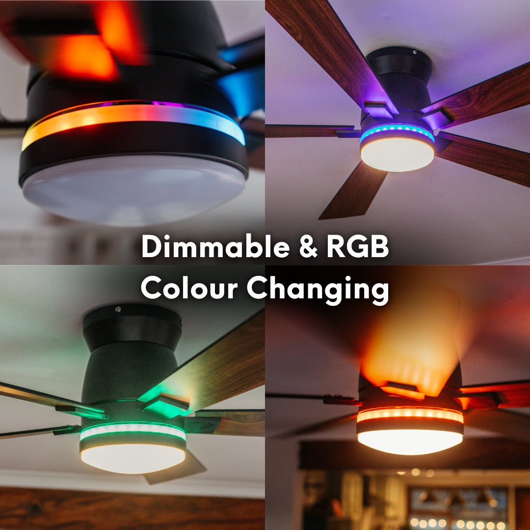 52 inch black wood smart LED ceiling fan showing dimmable RGB ambient light ring in multiple colour and brightness settings