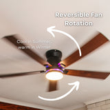 52 inch black wood smart LED ceiling fan showing reversible motor rotation callout for cooling in summer and warm air circulation in winter